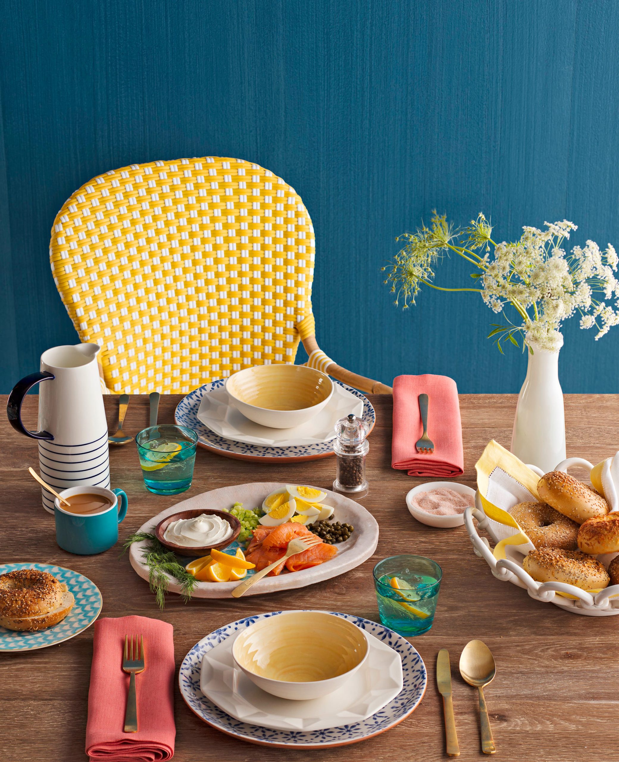 Modern, colorful dining room vignette set up for breakfast
