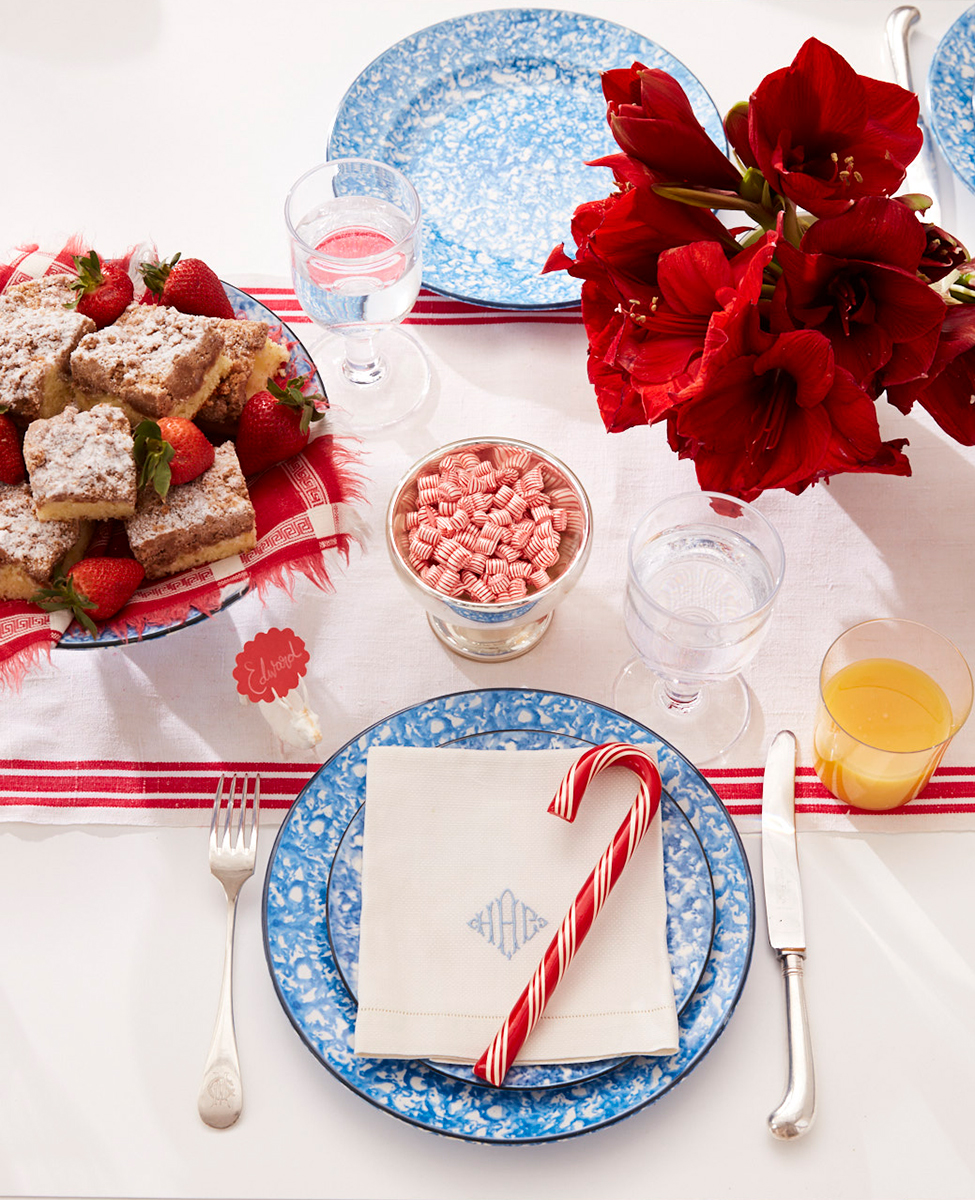Overhead shot of rustic table setting for holiday breakfast