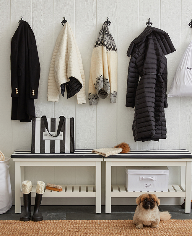 Mudroom set in black, white and grey with pekingese pup
