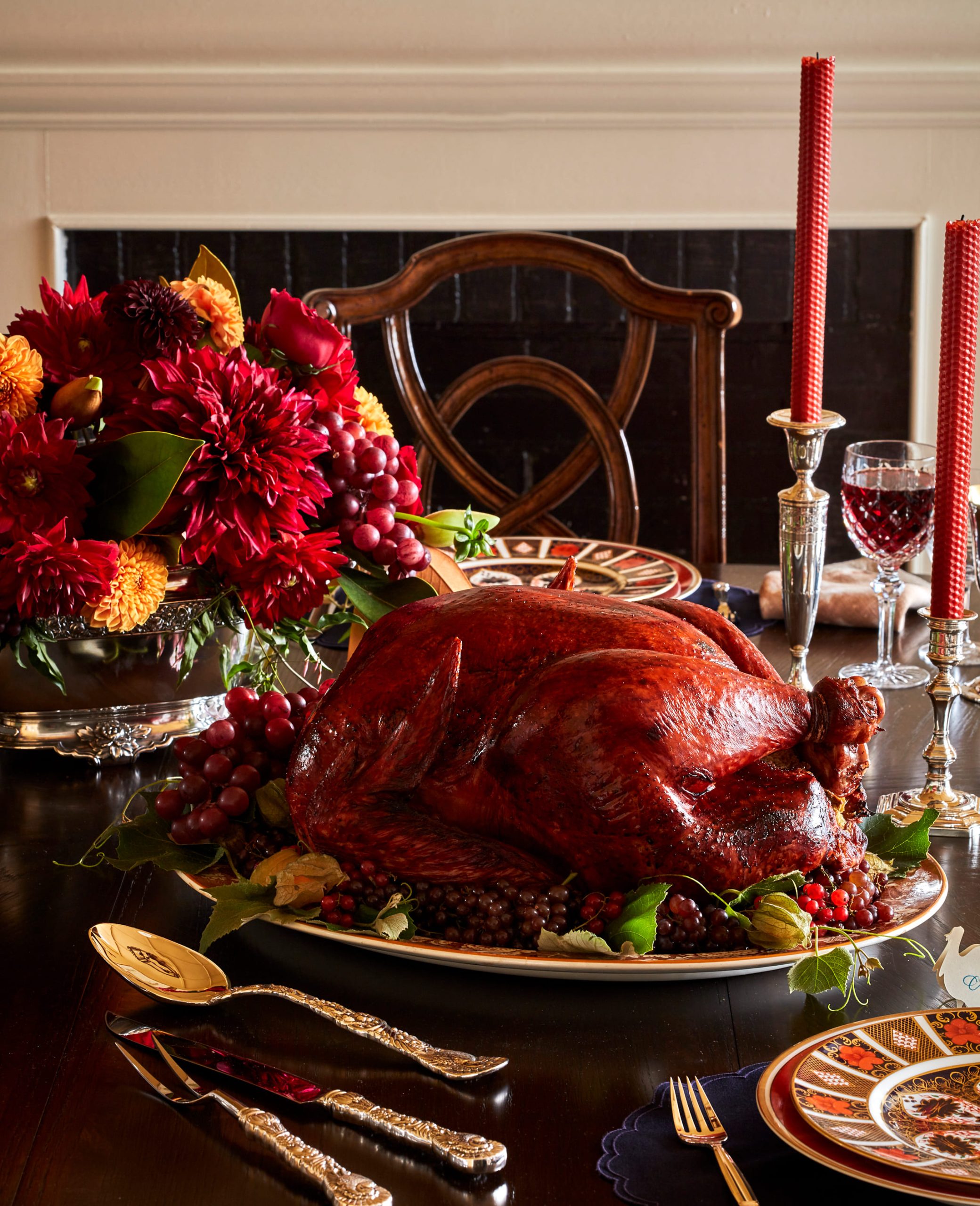 Dining room vignette with Thanksgiving turkey on a silver platter